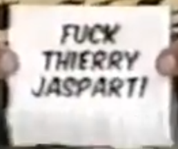 A square sticker with a white background and black text saying "Fuck Thierry Jaspart!"