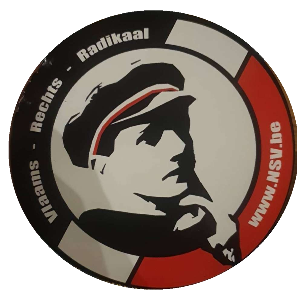 A circle sticker. A contrasted image of a man with a hat, decorated with a white-red brim. On the left a black half circle says "Vlaams - Rechts - Radikaal". On the right, a red half-circle says "www.nsv.be"